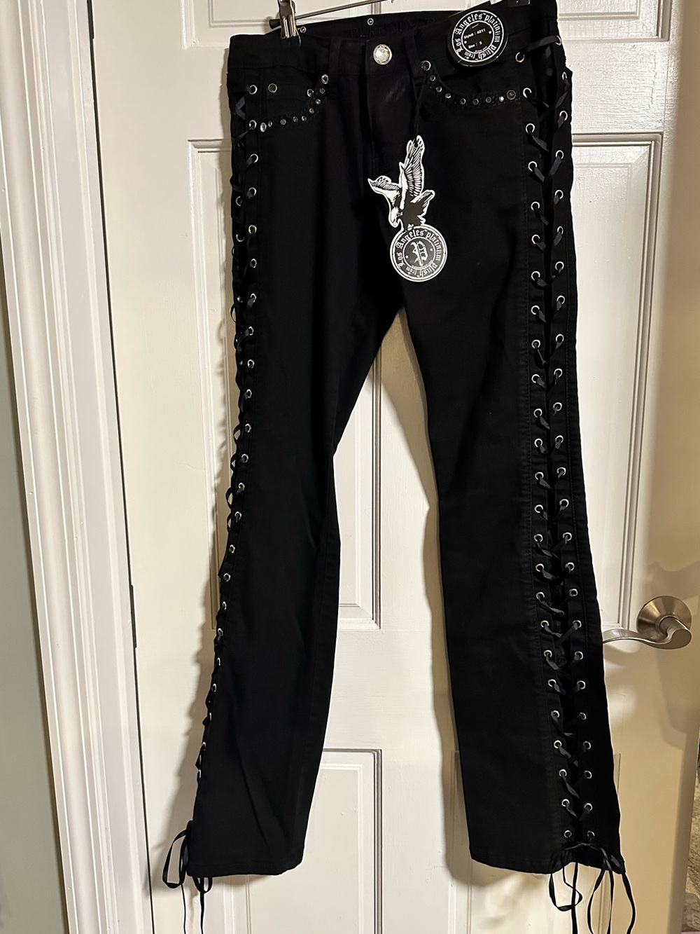 Black Lace-Up Wide Leg Jeans
